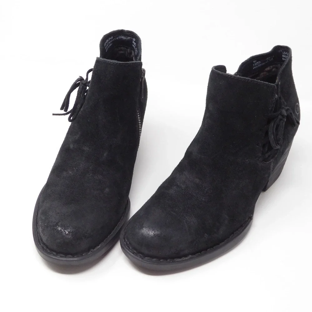 Born Bessie Women Ankle Boots Black Suede Leather Lace Up Side Zip F56903 Size 6